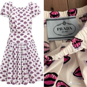 Prada all over kiss print cotton poplin off the shoulder dress